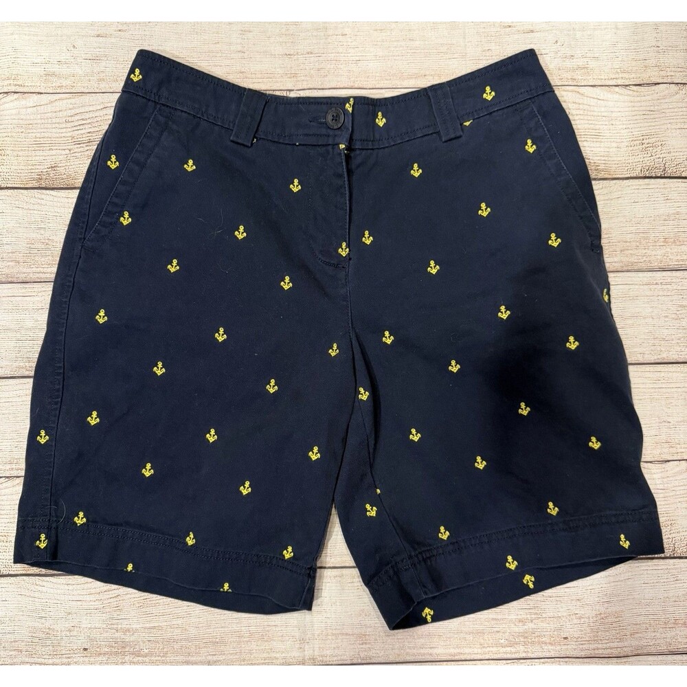L.L Bean navy blue chino shorts allover embroidered yellow anchor pattern Size 8